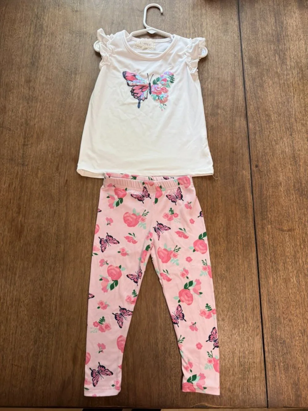 Girls White top w/ Pink Butterfly & Pink Butterfly Print Leggings Set Size 2T - Picture 2 of 7